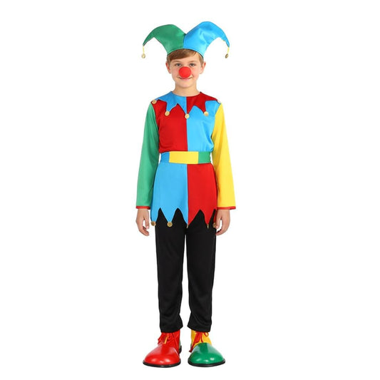Colourful jester costume with hat and red nose