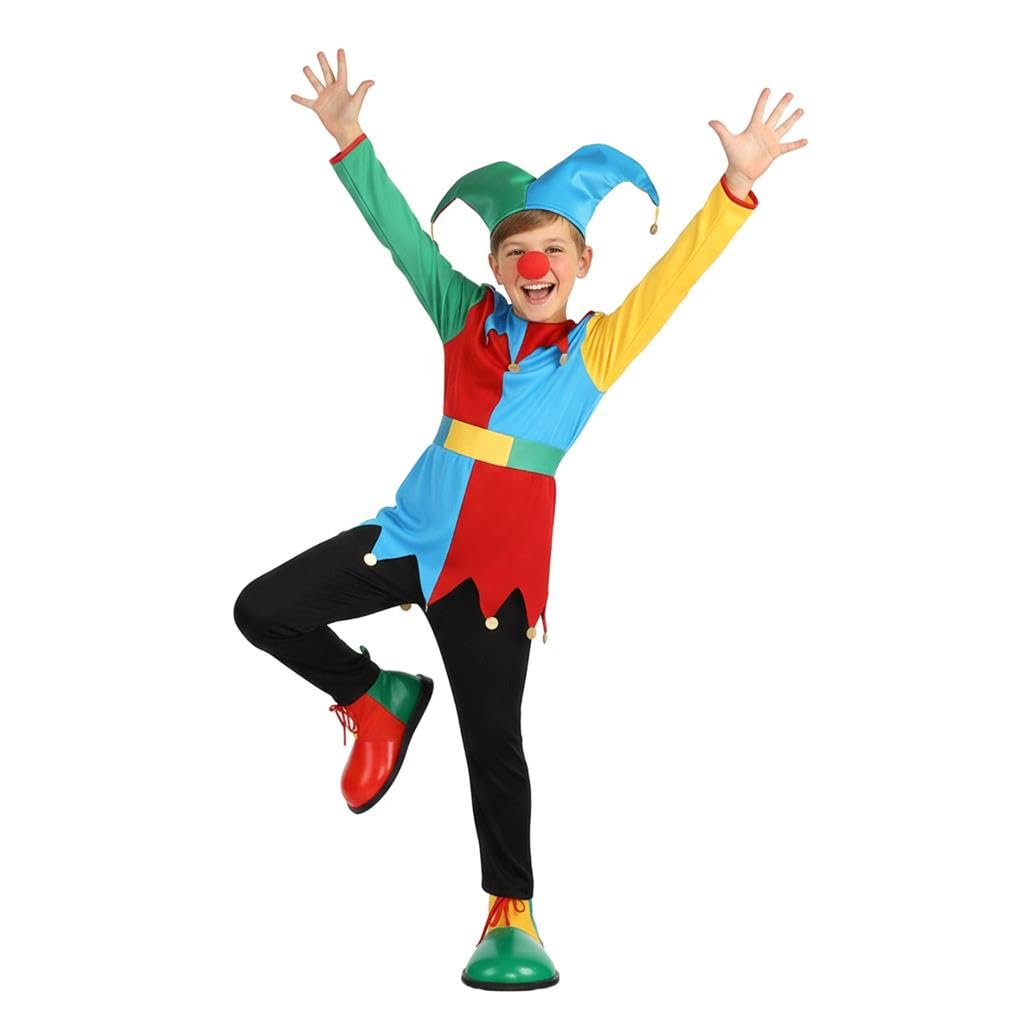 Lito Angels Kids Colourful Jester Costume with Hat Belt and Red Nose for Boys Girls Fancy Dress World Book Day Halloween Carnival Parade Theatre Performance Party Outfit Ages 11–13 Years