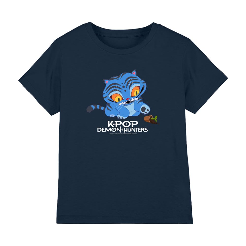 K-Pop Demon Hunters - Cute Derpy Tiger Cartoon Kids T Shirt - Navy
