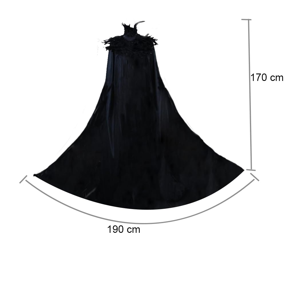 Unisex Gothic Black Witch Velvet Cloak Feather Stand Collar High
