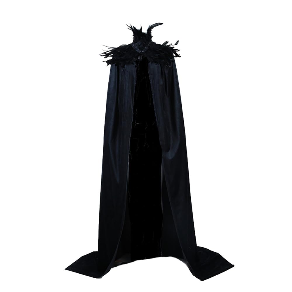 Unisex Gothic Black Witch Velvet Cloak Feather Stand Collar High