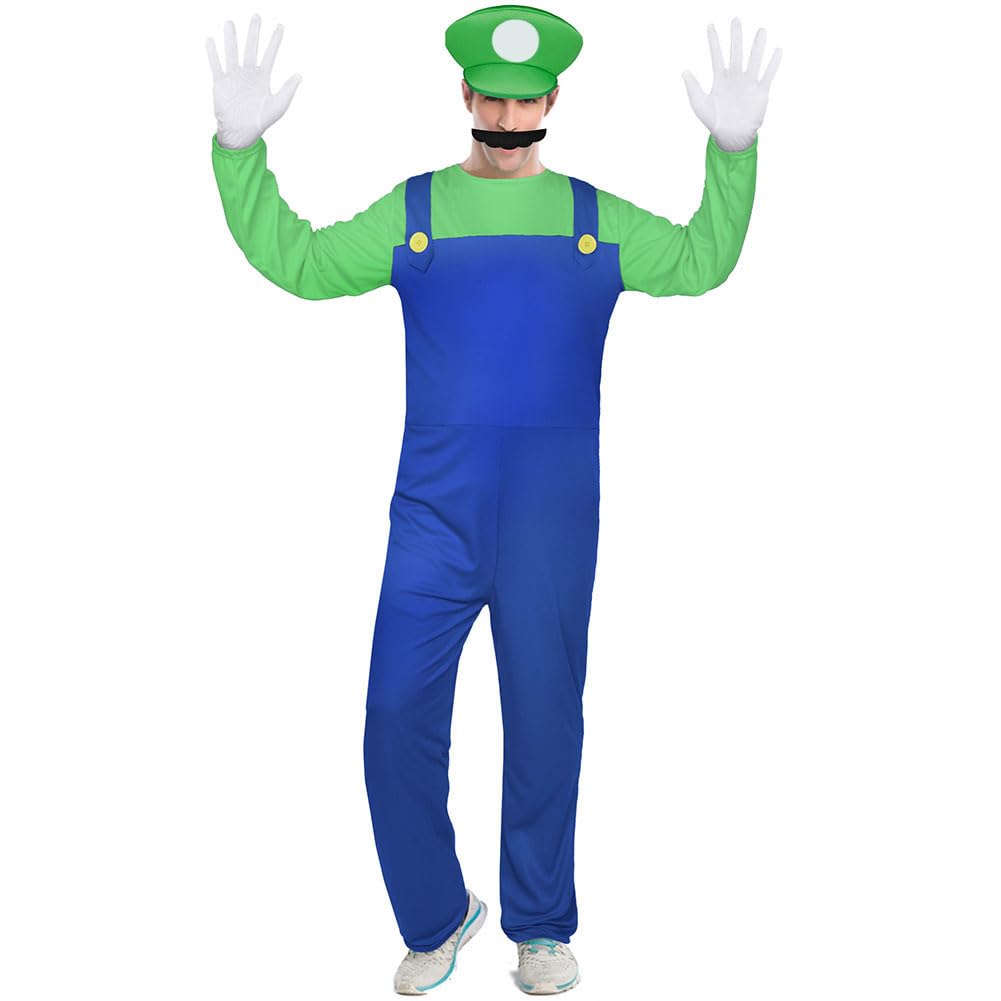 Aomig Super Plumber Costumes 4 Pack Brothers Workman Cosplay Costume Kits with Bodysuit Hats Cap Mustaches White Gloves 1980s Videogame Bros Fancy Dress Outfit Costume for Women Men(Green)