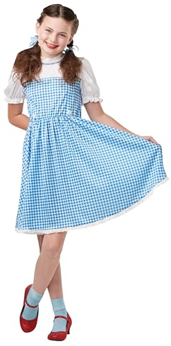 Girls Dorothy costume from The Wizard of Oz with blue gingham dress and hair bows, Rubies