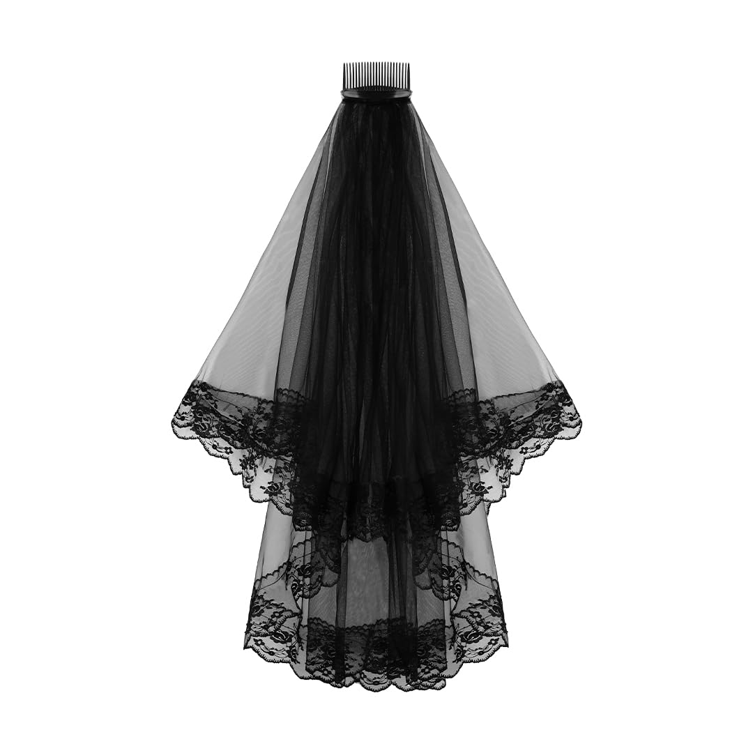 2 Tier Black Veil Gothic Corpse Bridal Waist Length Lace Wedding Bridal Veil Ladies Girls Fancy Dress Embroidered Edge Hair Accessory Flowery Day of the Dead Costume