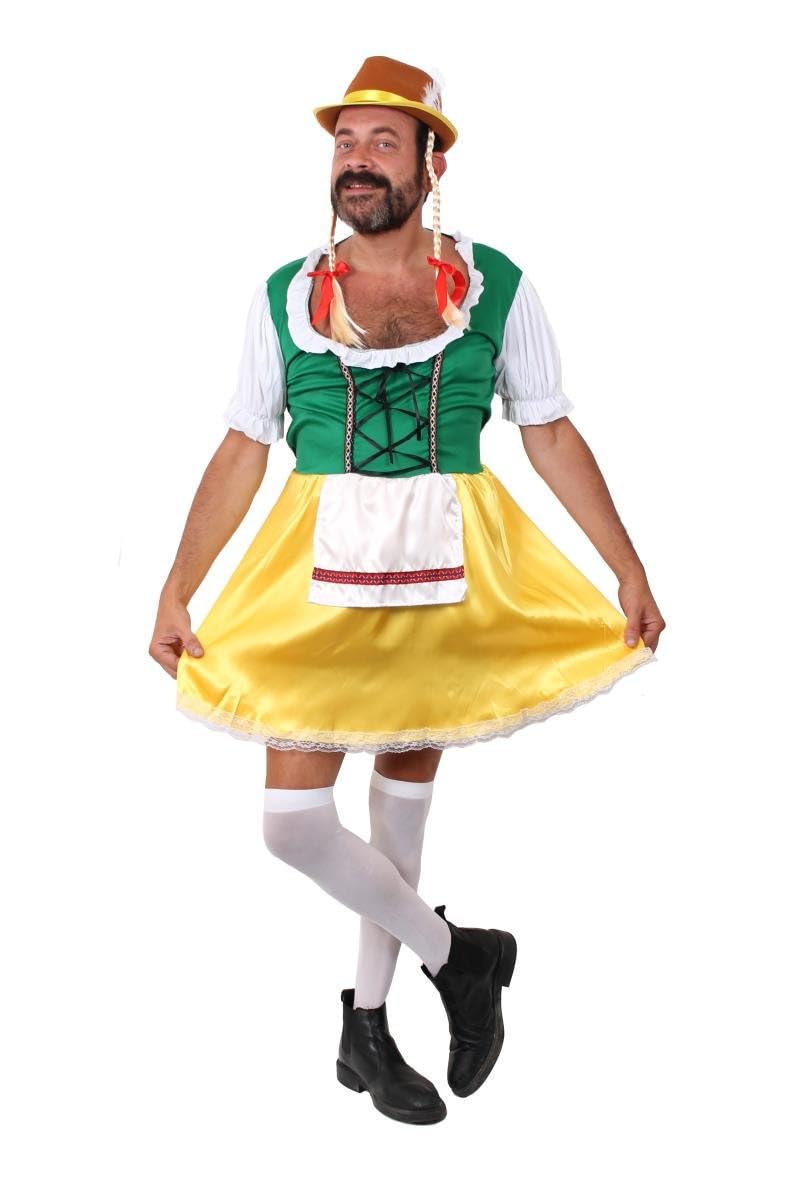 BAVARIAN YELLOW AND GREEN MENS DRESS WITH DELUXE BROWN HAT AND BLONDE PLAITS STAG NIGHT COSTUME FANCY DRESS