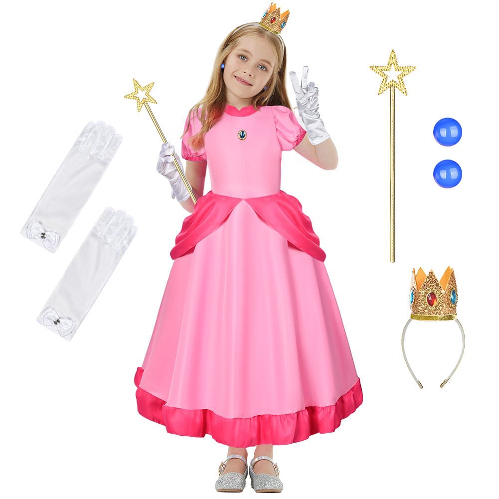 Aomig Peach Princess Costume for Girls, 5 Pcs Peach Fancy Dress Up with Crown Earrings Gloves Brooch Wand, Princess Peach Outfits Dress for Girls for Party Cosplay Birthday Halloween Christmas(120)