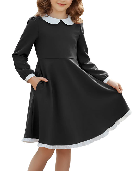 JiAmy Dress Girls Skater Dresses Long Sleeve Swing Peter Pan Collar Elegant Halloween Christmas Party Flared Dress Kids with Pockets 120,Black