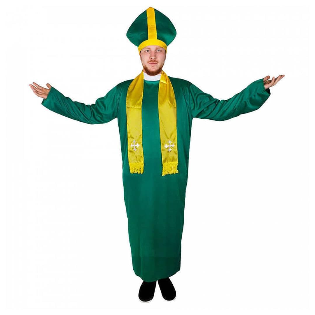 Adults Irish Priest Costume - X-Large - Green Robe with Yellow Stole Scarf and Green & Yellow Priest Hat - Adults Ireland St. Patricks Day Catholic Fancy Dress Costume