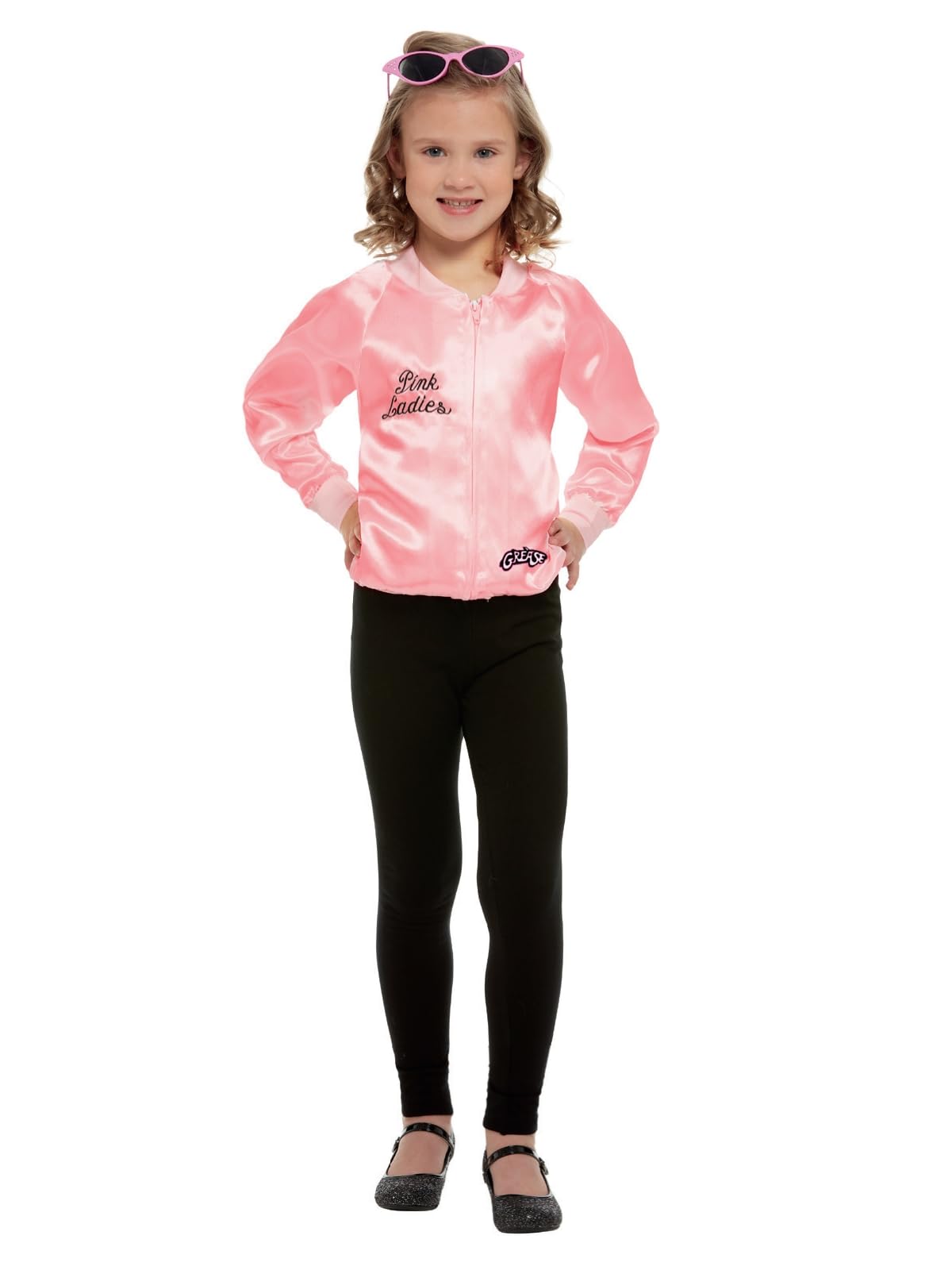 Smiffys Grease Pink Ladies Jacket for Kids, Pink Jacket with Embroidered Logo, Officially Licensed, Fancy Dress, and Playful Music-Themed Events, Girls Toddler Age 10-12 costume Halloween