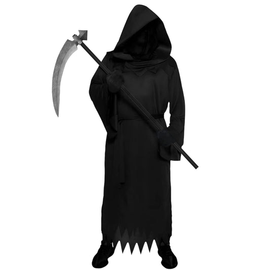 Grim Reaper costume set with robe, mask, gloves and scythe
