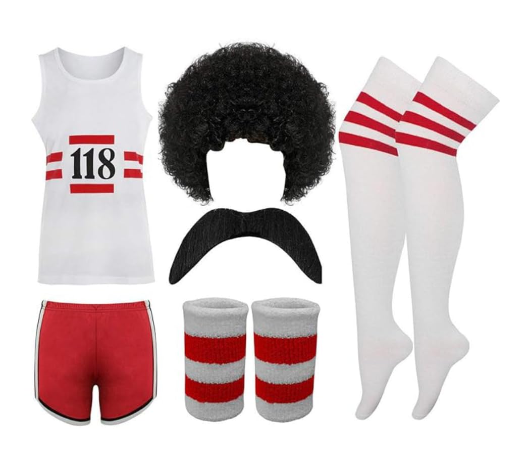 RIDDLED WITH STYLE Unisex 118 Marathon Fancy Dress Costume Set Retro Sleeveless Vest Shorts Moustache Socks Wig Running Outfit Mens Womens Party Event Fun Run UK Sizes S-XL