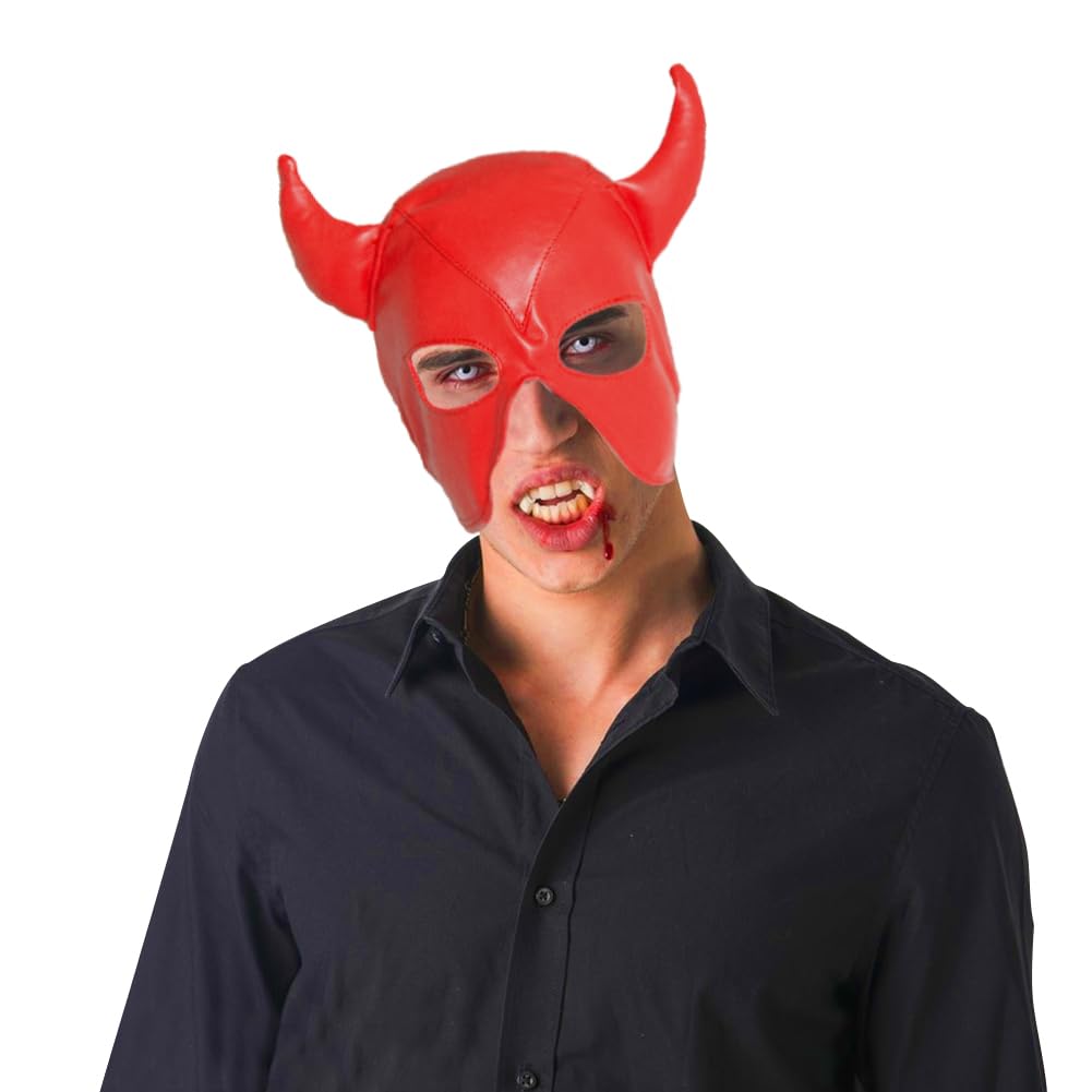 PU leather Horn Full Cover Hood Mask Opened Mouth Show Eyes Face Mask Adjustable Lace-up Hood Headgear Halloween Cosplay Fancy Dress Eye Mask Night Club Dress Up Costume for Couple Games Carnival