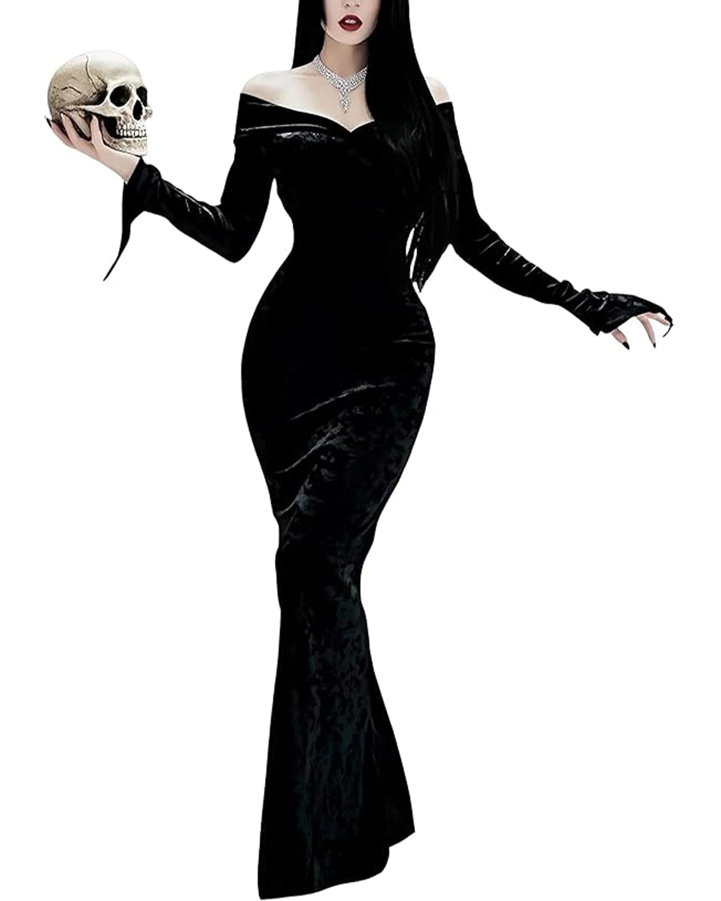 LVCBL Fashion Halloween Carnival Dress Wednesday Addams Costume Women Stretchy Long Cocktail Mermaid Prom L Black