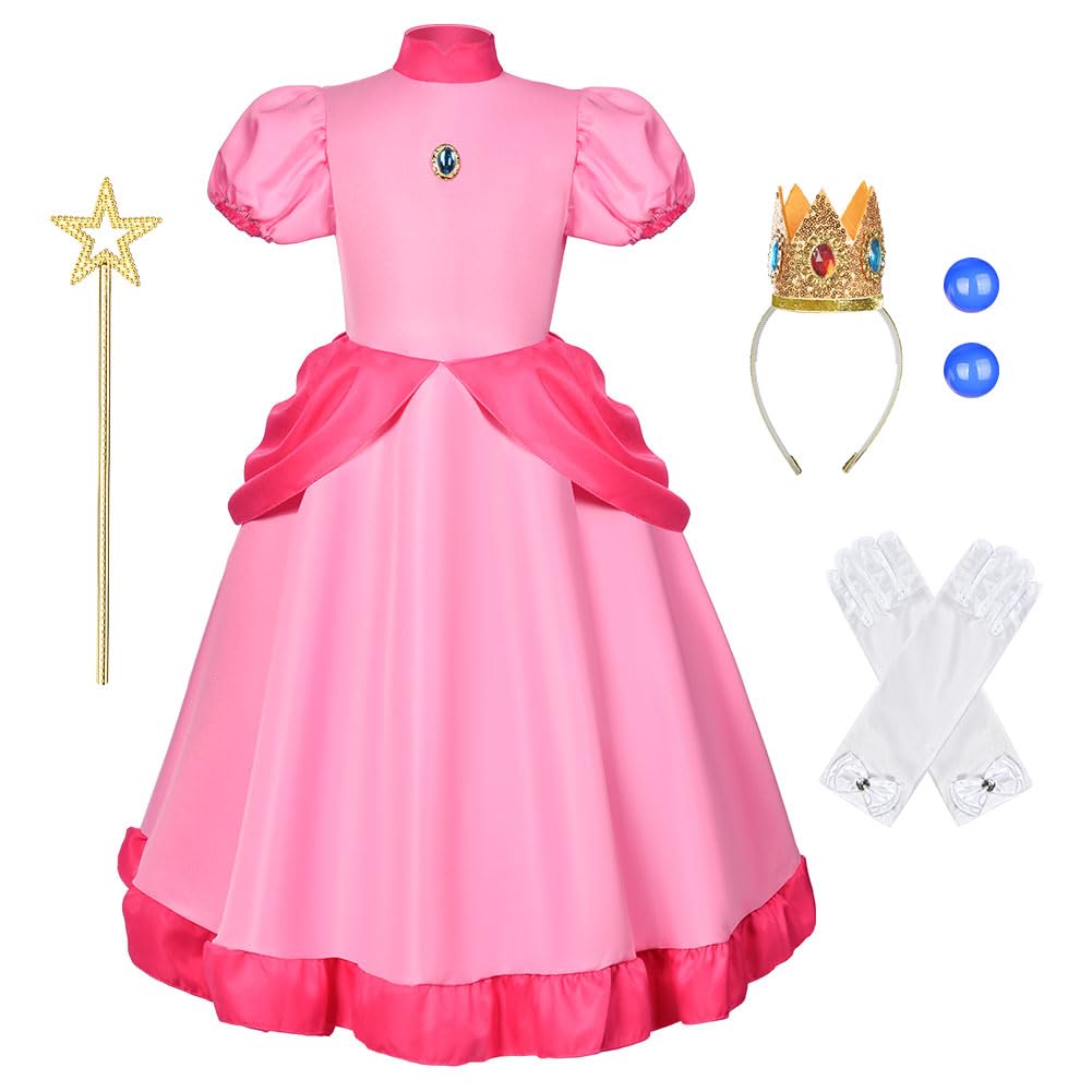 Aomig Peach Princess Costume for Girls, 5 Pcs Peach Fancy Dress Up with Crown Earrings Gloves Brooch Wand, Princess Peach Outfits Dress for Girls for Party Cosplay Birthday Halloween Christmas(120)