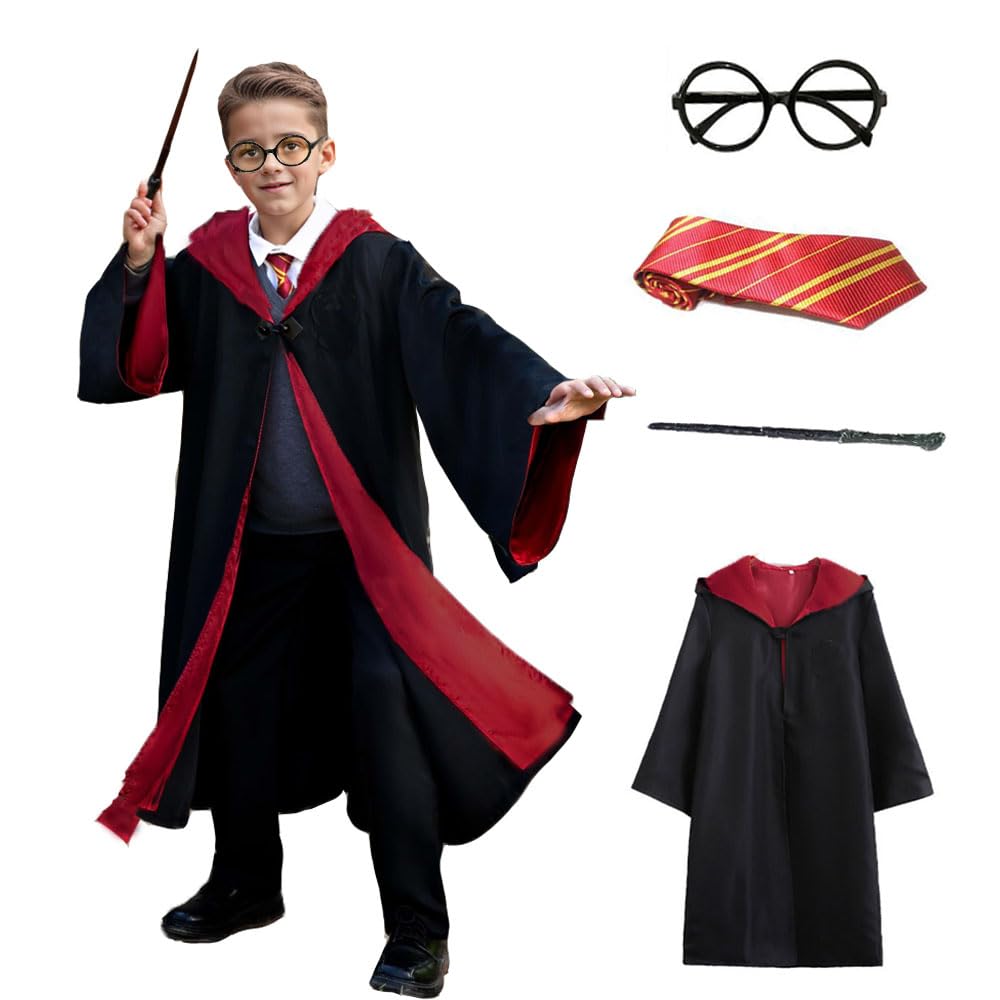 VNNOPG Wizard Costume Black Cape Magic Cloak Wizard Robe Magician Costume Cosplay with Magic Wand Glasses Tie Necklace Scarf,125