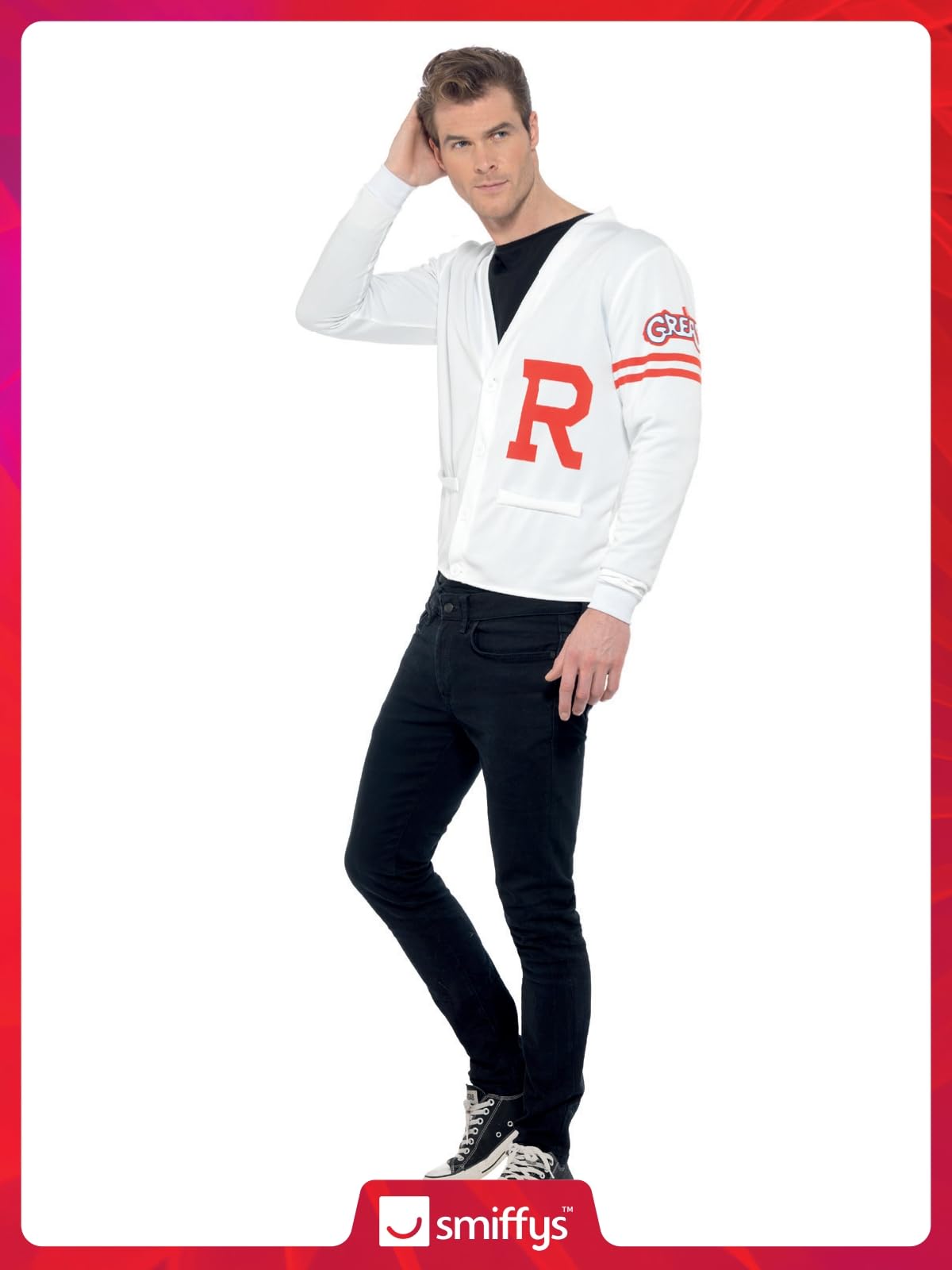Smiffys Grease Rydell Prep Costume in White for Adults, Sweater Vest, Button-Up, Iconic R Letter, Officially Licensed, Perfect for Matching Group Fancy Dress Outfits and Playful Events