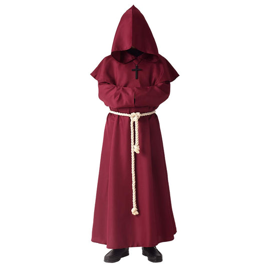 Red monk costume worn with hood up