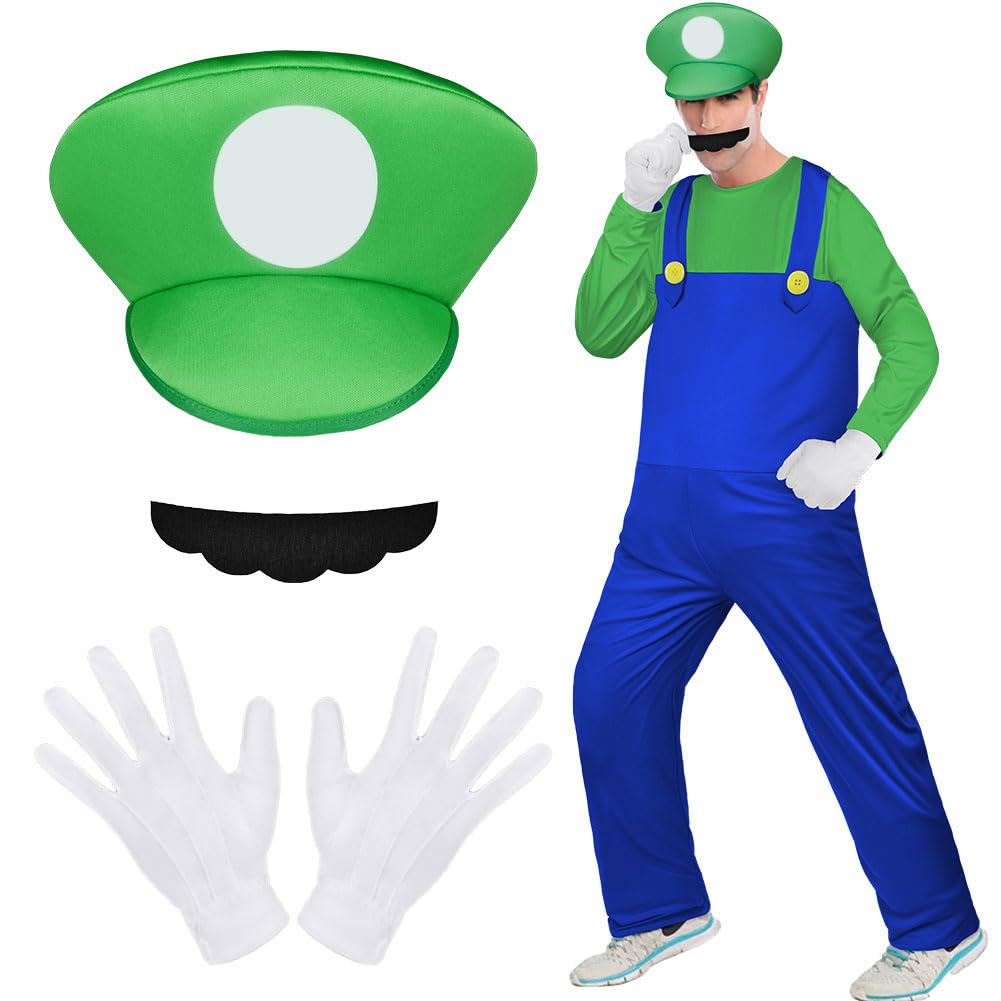 Aomig Super Plumber Costumes 4 Pack Brothers Workman Cosplay Costume Kits with Bodysuit Hats Cap Mustaches White Gloves 1980s Videogame Bros Fancy Dress Outfit Costume for Women Men(Green)