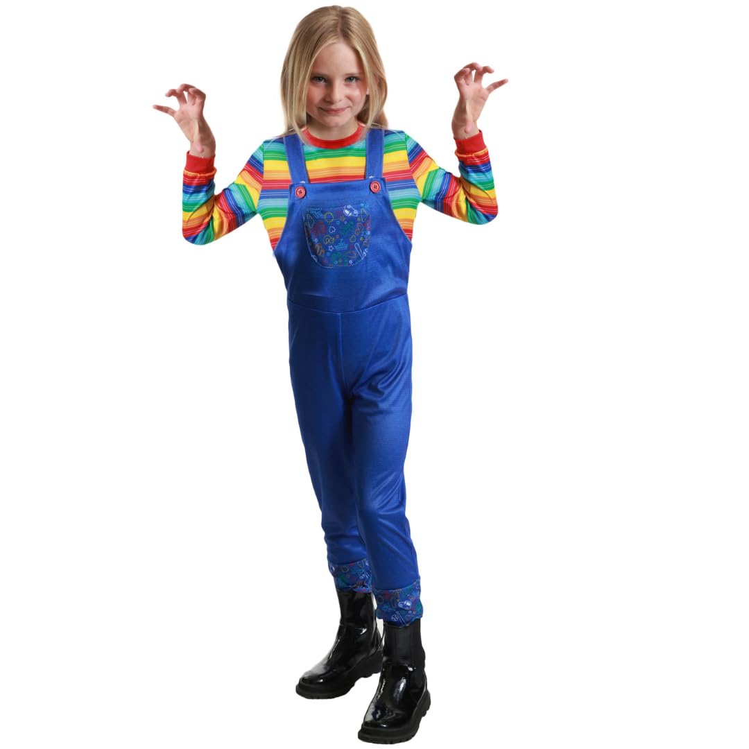 Chucky Boy Costume - Kids Killer Doll Inspired Outfit with Striped Shirt & Blue Overalls - Scary Halloween Costumes for Boys Fancy Dress (7-8 years)