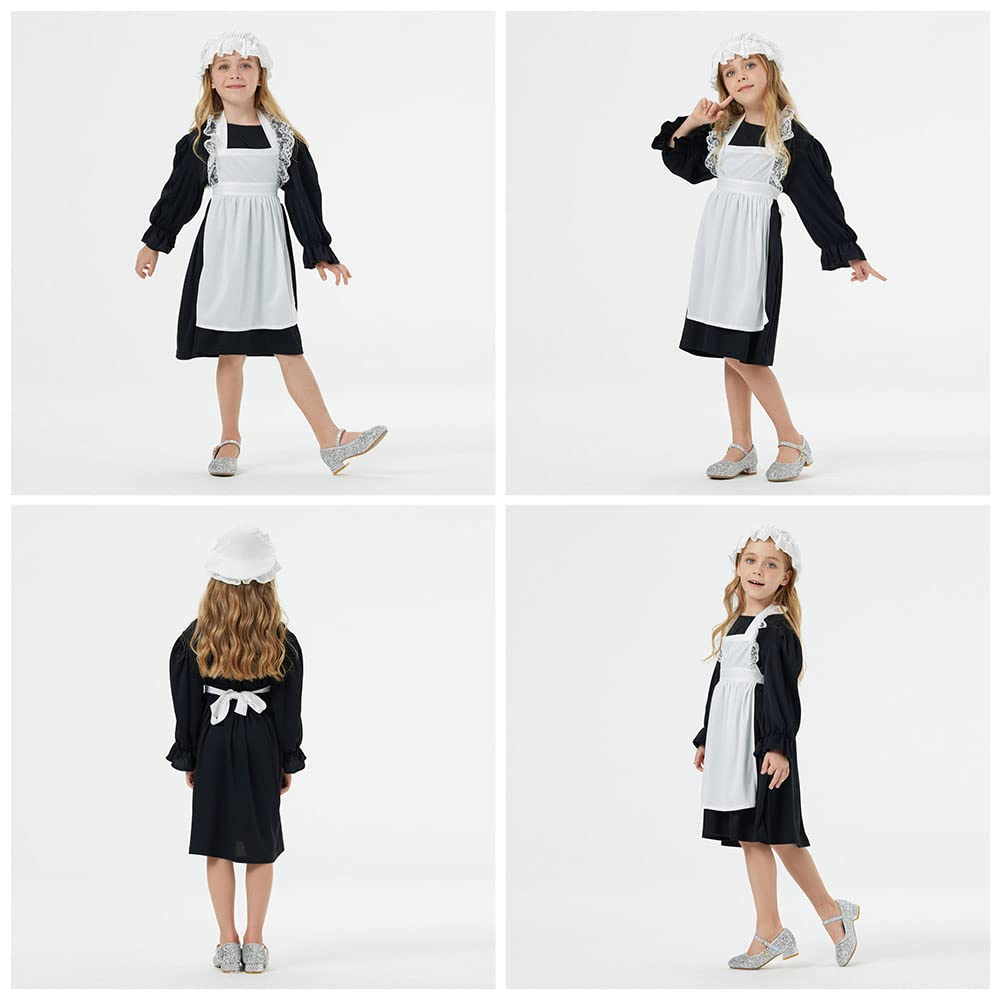 AOMIG Victorian Maid Costume, Village Medieval Dress with Mop Cap & Socks, Kids Poor Outfit Fancy Costumes for Halloween Cosplay, World Book Day, Black, (C2-M-Bl230324-FBA)