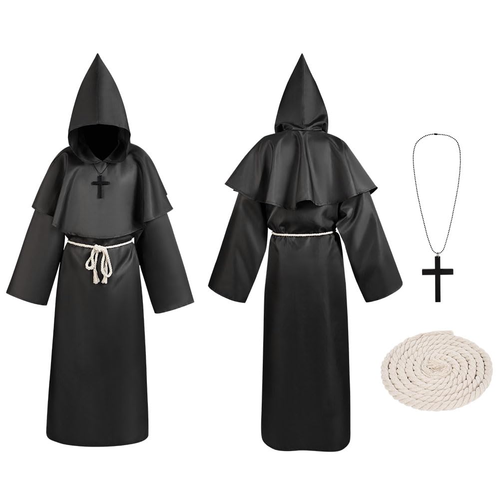 Aomig Monk Costume, 4 Pcs Medieval Friar Hooded Monk Cape Renaissance Wizard for Adult Women Men, Pastor Outfit Priest Robe Costume Halloween Fancy Dress Christmas Party Cosplay Costume (XL, Black)