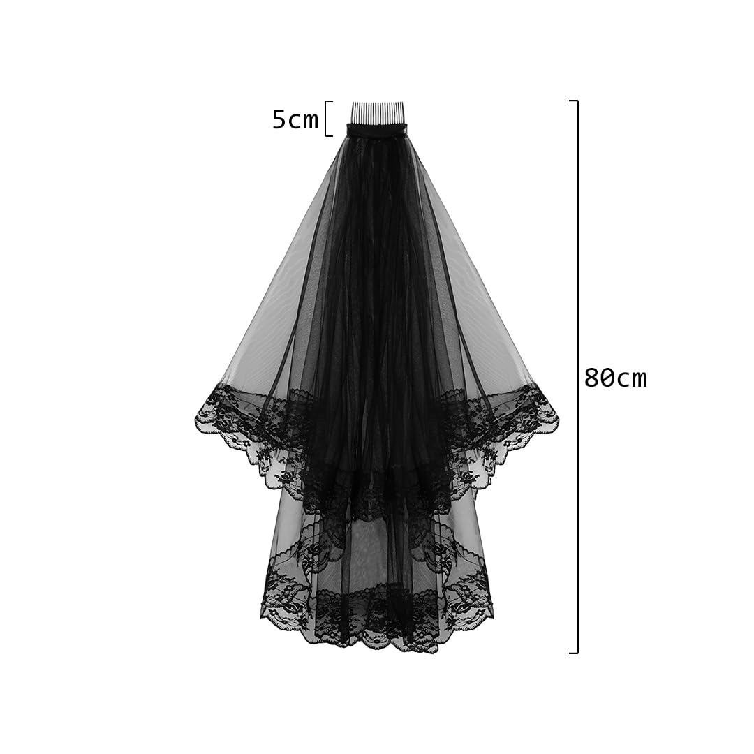 2 Tier Black Veil Gothic Corpse Bridal Waist Length Lace Wedding Bridal Veil Ladies Girls Fancy Dress Embroidered Edge Hair Accessory Flowery Day of the Dead Costume