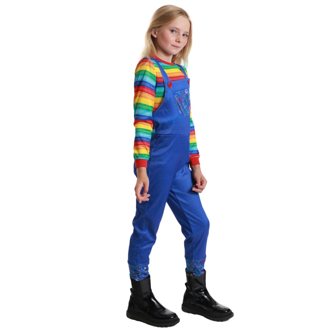Chucky Boy Costume - Kids Killer Doll Inspired Outfit with Striped Shirt & Blue Overalls - Scary Halloween Costumes for Boys Fancy Dress (7-8 years)