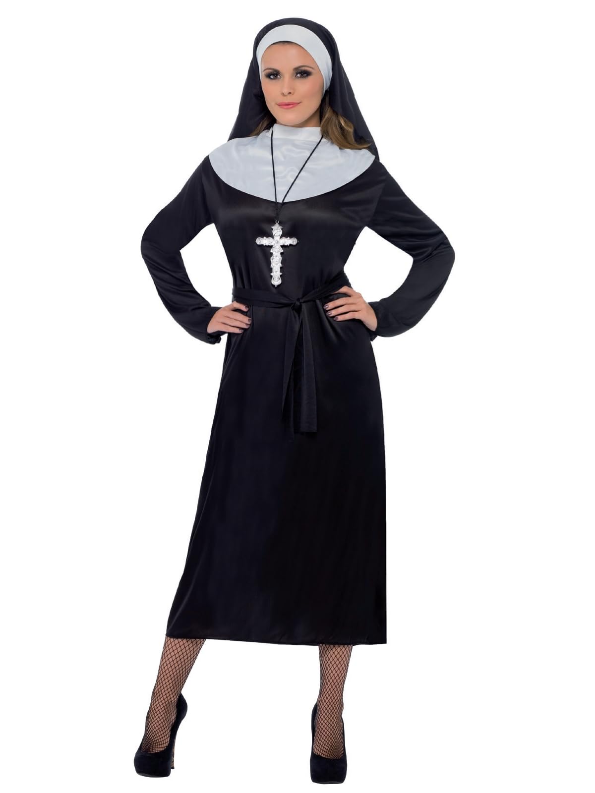 Smiffys Nun Costume for Women, Black and White Religious Fancy Dress Outfit Featuring Full-Length Dress, Belt, and Headdress, Classic Saints Sinners Halloween Adults Fancy Dress Parties, Medium