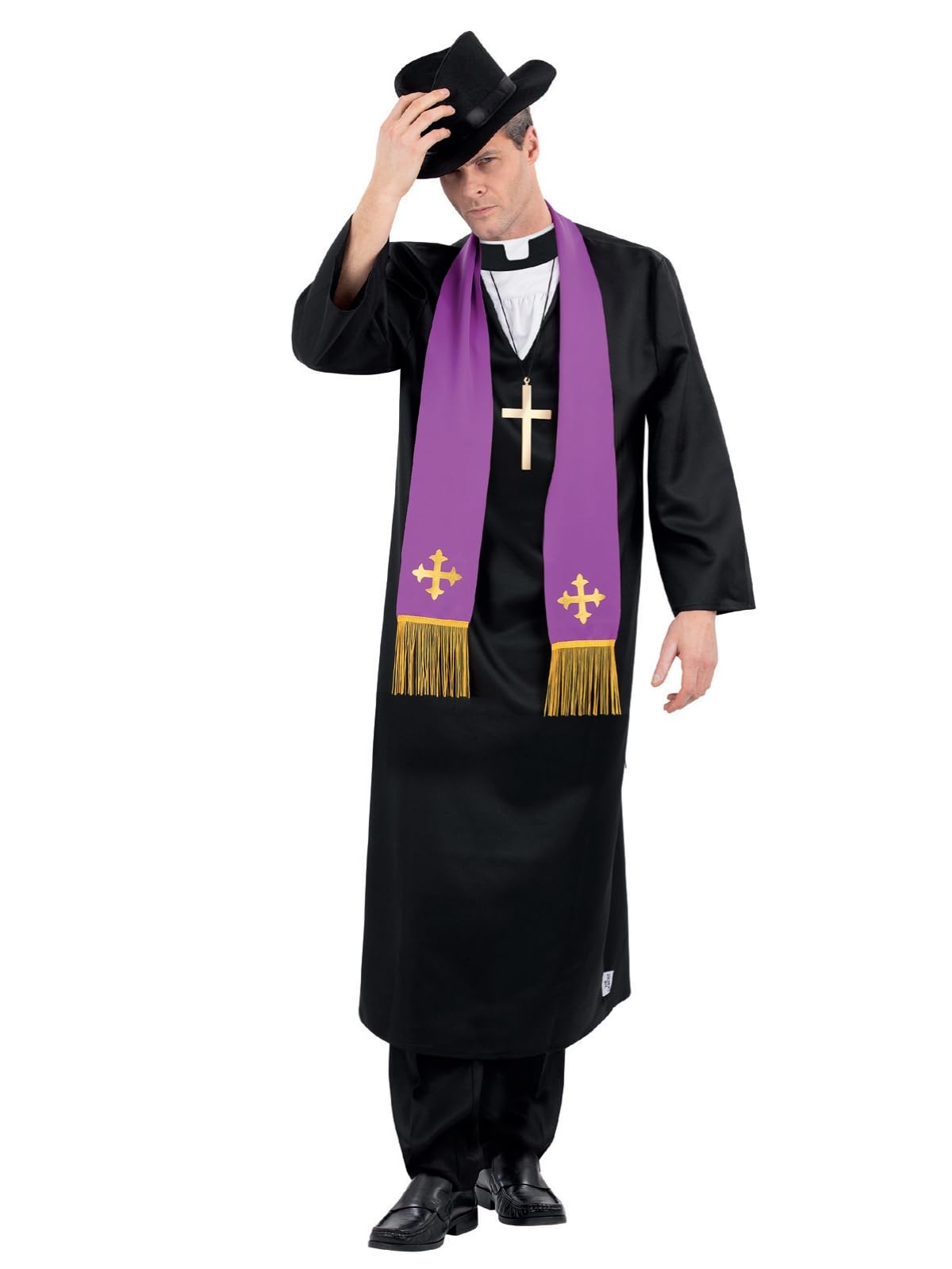 Smiffys The Exorcist Father Merrin Priest Costume for Adults, Robe, Inserted Collar, Stole, Cross Necklace & Hat, Official Exorcist License Costume with Hat & Collar Detail