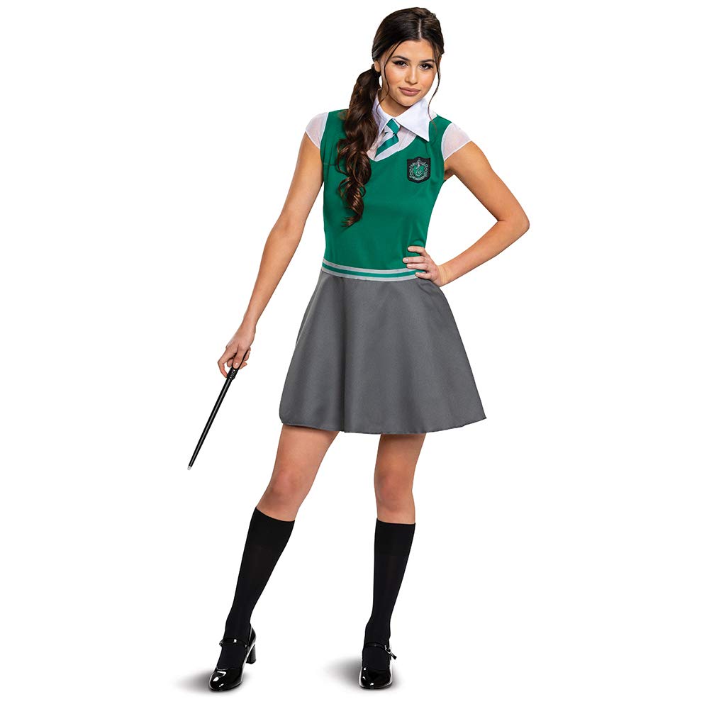 Disguise 108079N Harry Potter Dress, Official Wizarding World Adult Halloween Costume Top and Skirt Slytherin Sized, Green & Gray, S