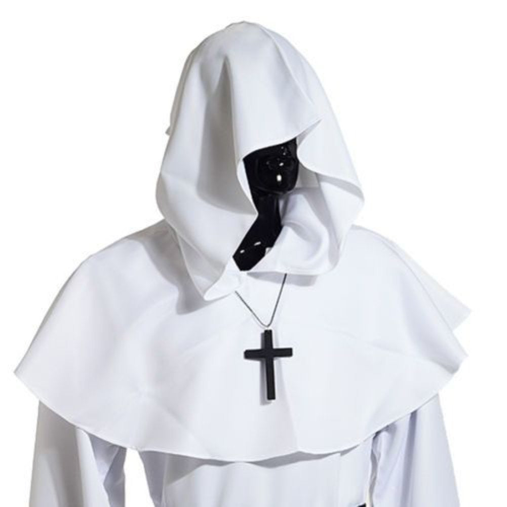 Friar Medieval Hooded Monk Renaissance Priest Robe Costume Cosplay, White, Medium