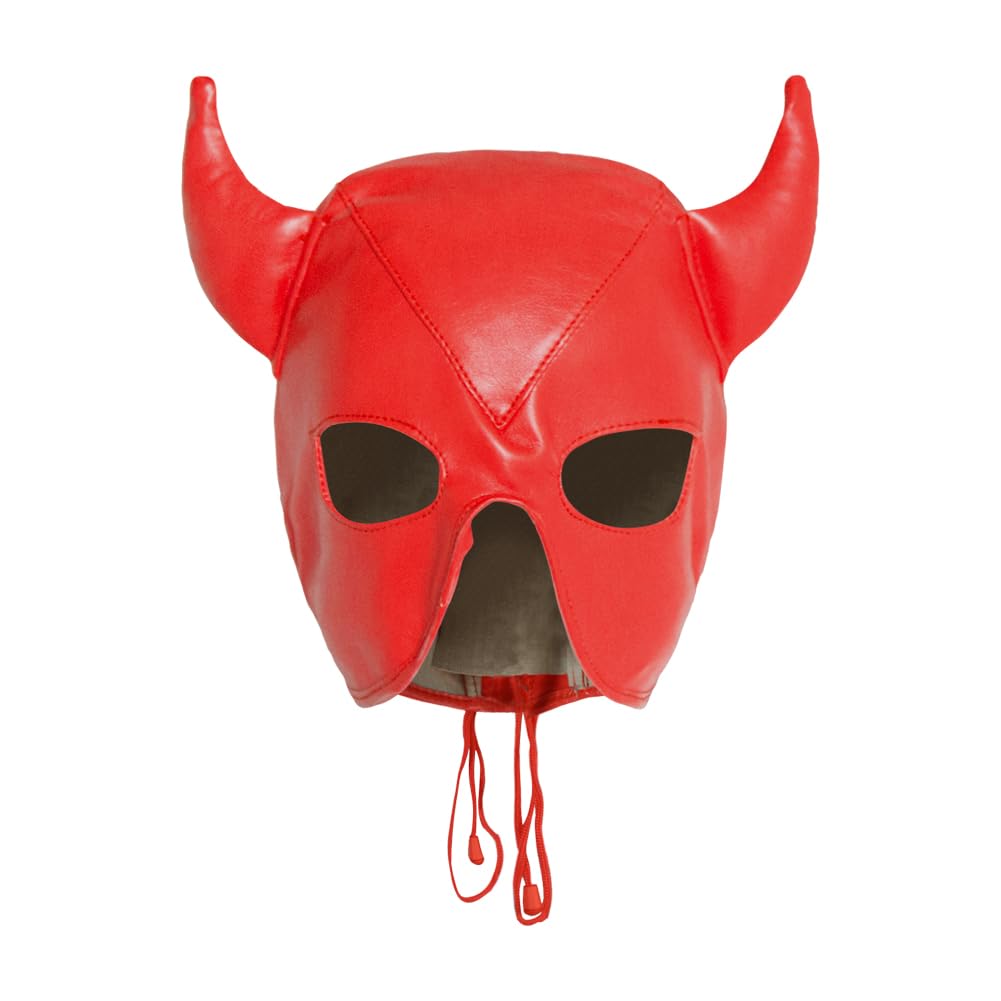 PU leather Horn Full Cover Hood Mask Opened Mouth Show Eyes Face Mask Adjustable Lace-up Hood Headgear Halloween Cosplay Fancy Dress Eye Mask Night Club Dress Up Costume for Couple Games Carnival