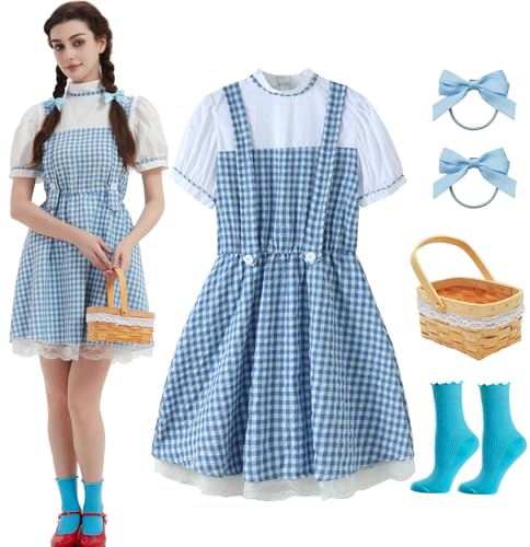 Women's Dorothy costume from The Wizard of Oz with blue gingham dress and basket, UIMLK
