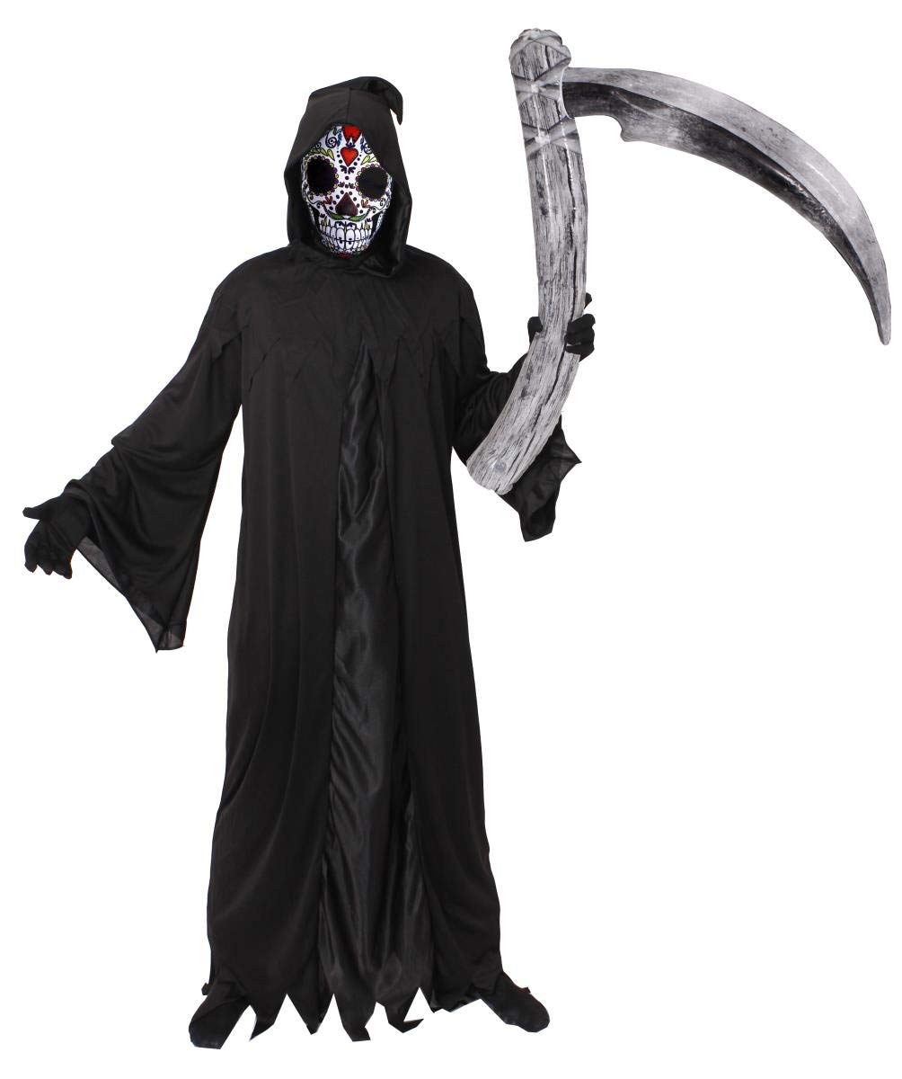 DAY OF THE DEAD GRIM REAPER COSTUME - ADULTS DEATH HALLOWEEN FANCY DRESS COSTUME - BLACK ROBE + HOOD + GLOVES + INFLATABLE SCYTHE + REVERSIBLE MASK - PERFECT HALLOWEEN COSTUME - (LARGE)