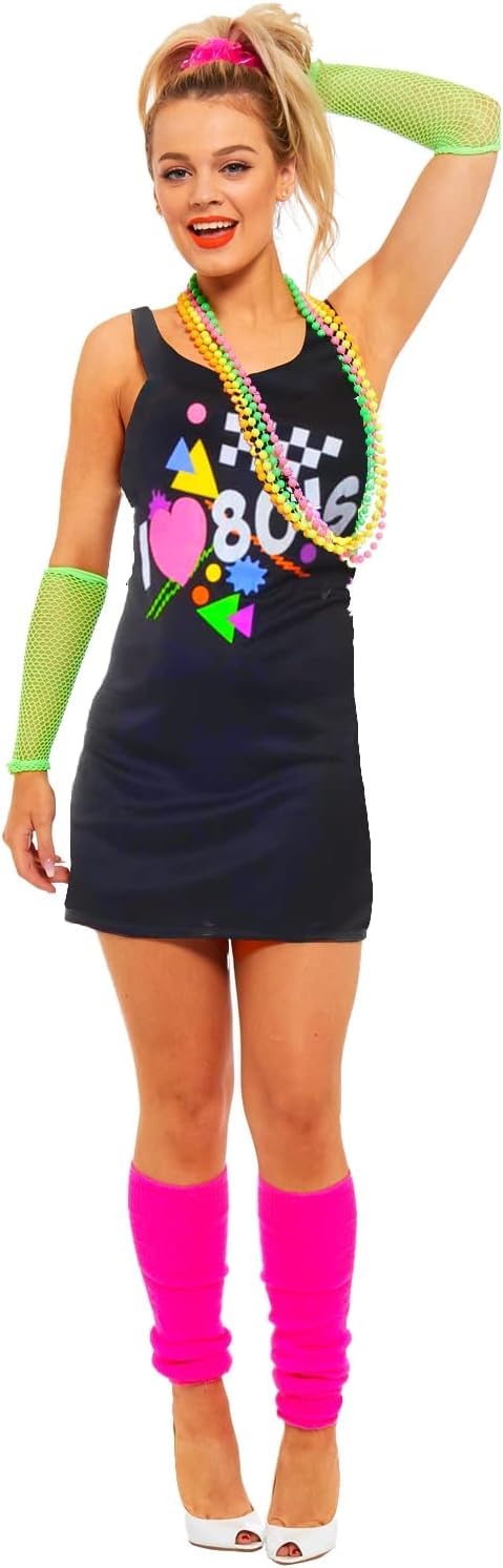 SoWest Women’s I Love 80s Vest Dress – 1980s Neon Fancy Dress Sleeveless Costume for Retro Parties, Hen Nights & Dance Events | Casual Summer Outfit for 80s Theme, Cosplay & Party Wear - XL