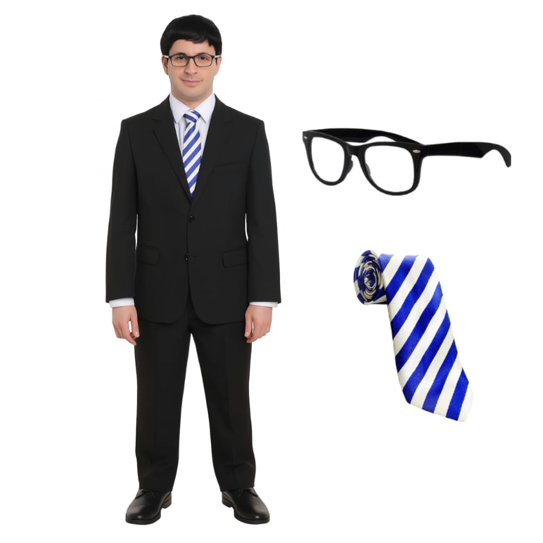 Adults Will Costume - Geek Glasses - Black Suit & Striped Tie Set