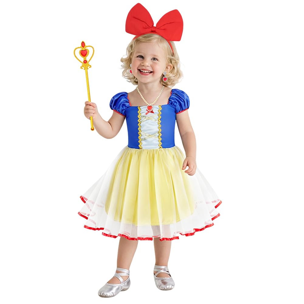 BSBUY Baby White Snow Princess Costume White Snow Costume Snow White Short-Sleeved Princess Dress Ballerina Tutu Dress Tulle Skirt Halloween World Book Day Birthday Party Dress Up(110)