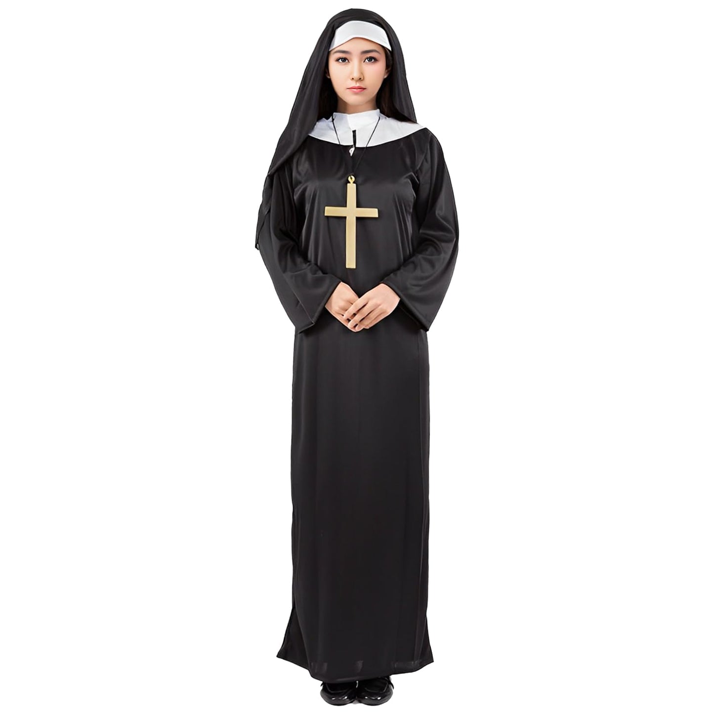 Alaiyaky Nun Outfit for Adult, Priest Costume Suit, Vicar Outfit, Monk Costume With White Collar Cross Necklace, Halloween Fancy Dress for Men Women (Female, XXL)