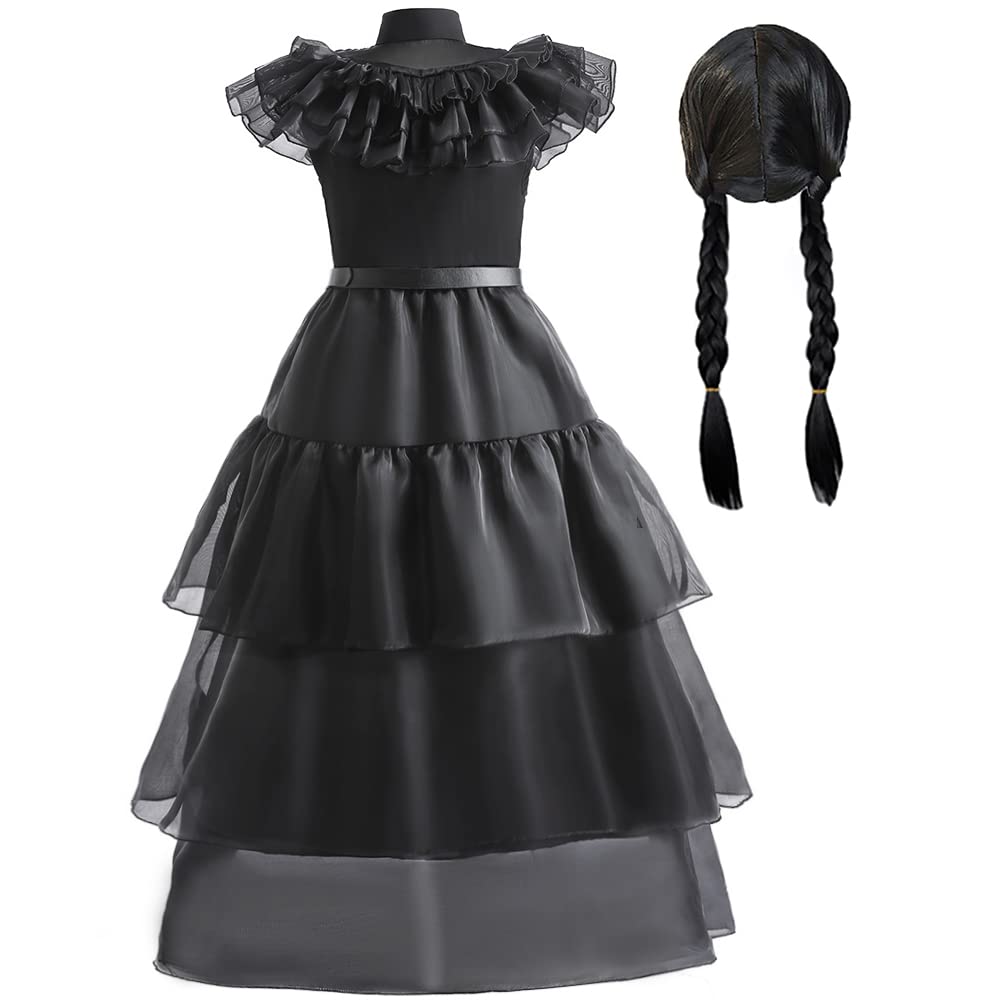 keaiyouhuo Wednesday Addams Costumes Dress for Kids Girls Family Merchandise Fancy Dress Up Cosplay Halloween Party Outfit with Wig, Black, 7-8 Years