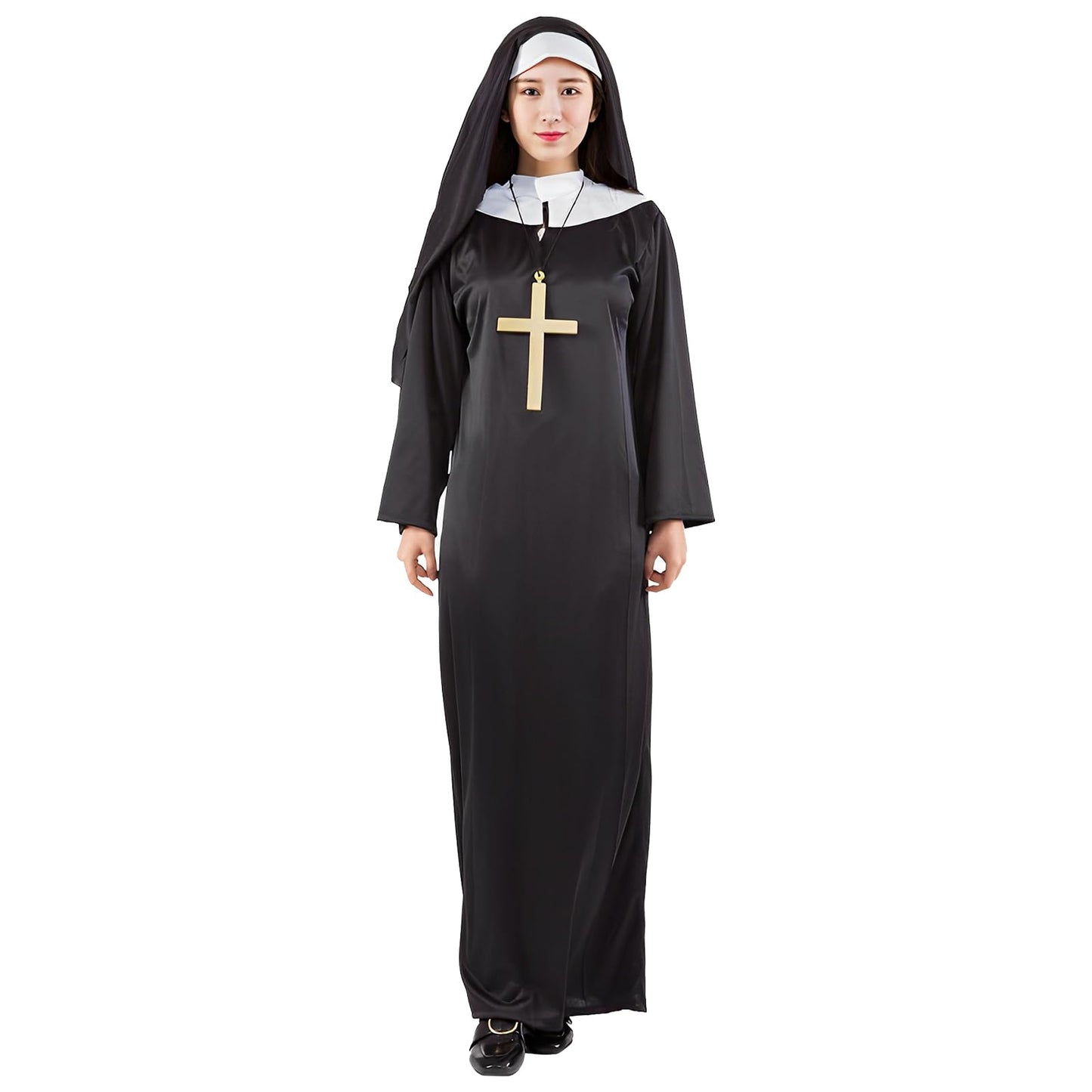 Alaiyaky Nun Outfit for Adult, Priest Costume Suit, Vicar Outfit, Monk Costume With White Collar Cross Necklace, Halloween Fancy Dress for Men Women (Female, XXL)