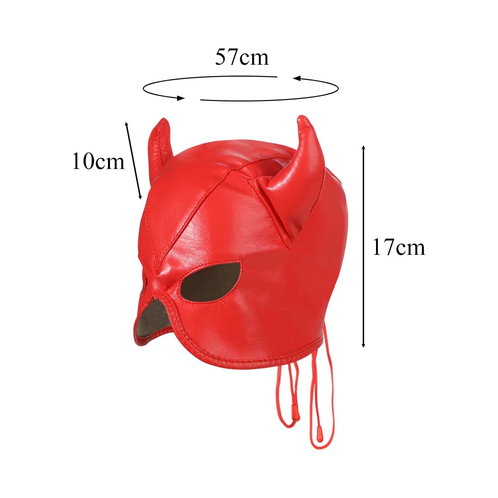 PU leather Horn Full Cover Hood Mask Opened Mouth Show Eyes Face Mask Adjustable Lace-up Hood Headgear Halloween Cosplay Fancy Dress Eye Mask Night Club Dress Up Costume for Couple Games Carnival