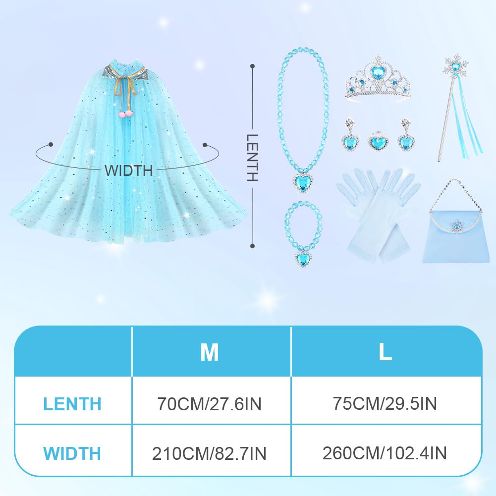 AOOWU Princess Cape Set for Girls, Elsa Princess Cloak with Crown, Wand, Jewelry, Gloves, Princess Elsa Fancy Dress Up Sparkling Sequin Tulle Princess Cape Set for Halloween Christmas Birthday Cosplay