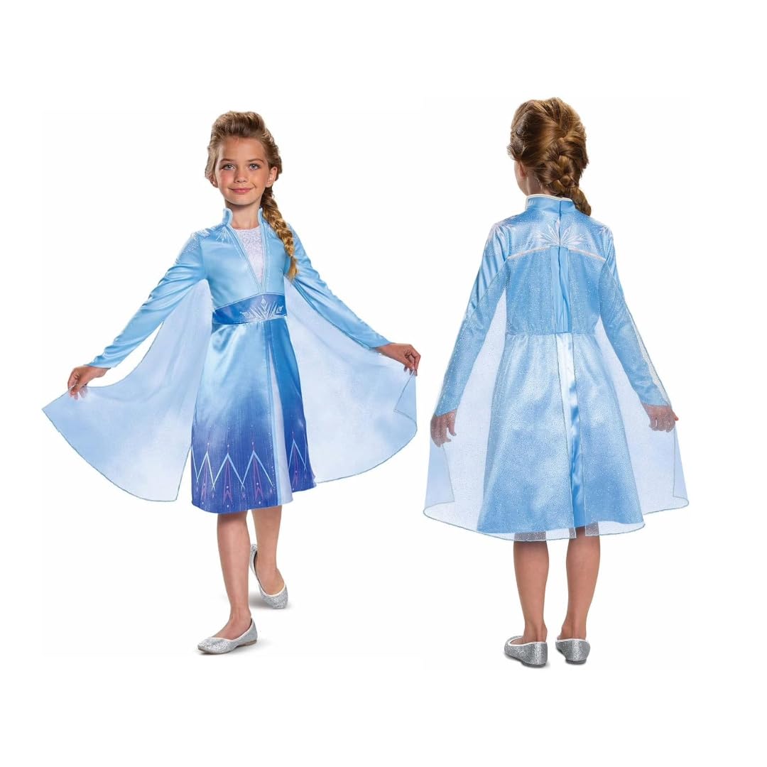 Disguise Elsa Traveling Classic Fancy Dress Costume, Perfect for Frozen Fans, Includes Ice Blue Dress With Snowflake Details And Glittered Cape, Queen of Arendelle Costume for Girls, For 3-4 Years
