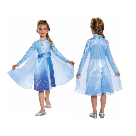Disguise Elsa Traveling Classic Fancy Dress Costume, Perfect for Frozen Fans, Includes Ice Blue Dress With Snowflake Details And Glittered Cape, Queen of Arendelle Costume for Girls, For 3-4 Years