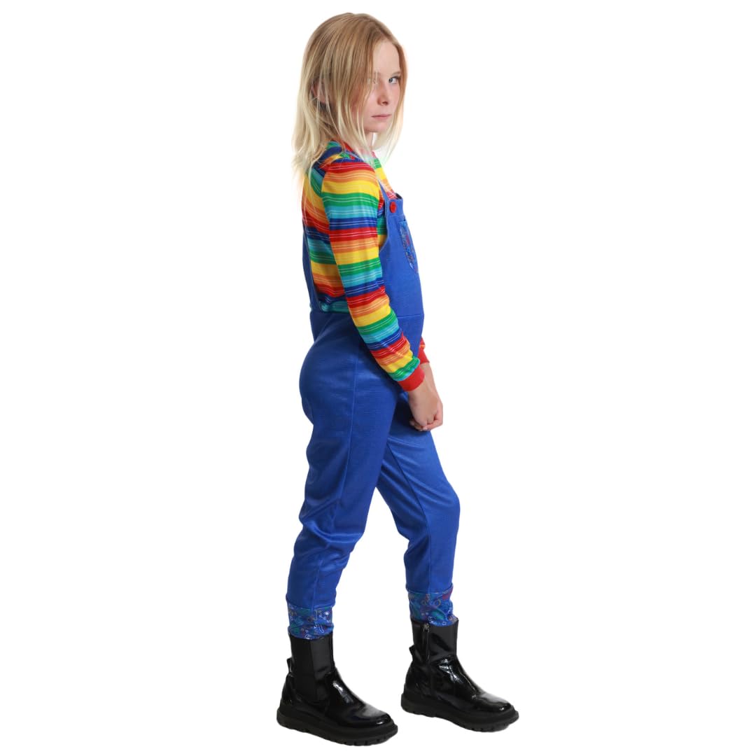 Chucky Boy Costume - Kids Killer Doll Inspired Outfit with Striped Shirt & Blue Overalls - Scary Halloween Costumes for Boys Fancy Dress (7-8 years)