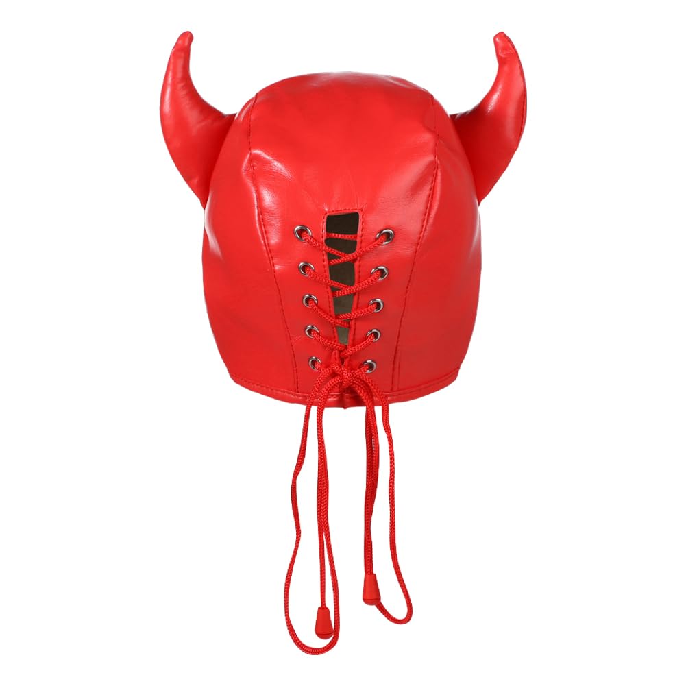 PU leather Horn Full Cover Hood Mask Opened Mouth Show Eyes Face Mask Adjustable Lace-up Hood Headgear Halloween Cosplay Fancy Dress Eye Mask Night Club Dress Up Costume for Couple Games Carnival