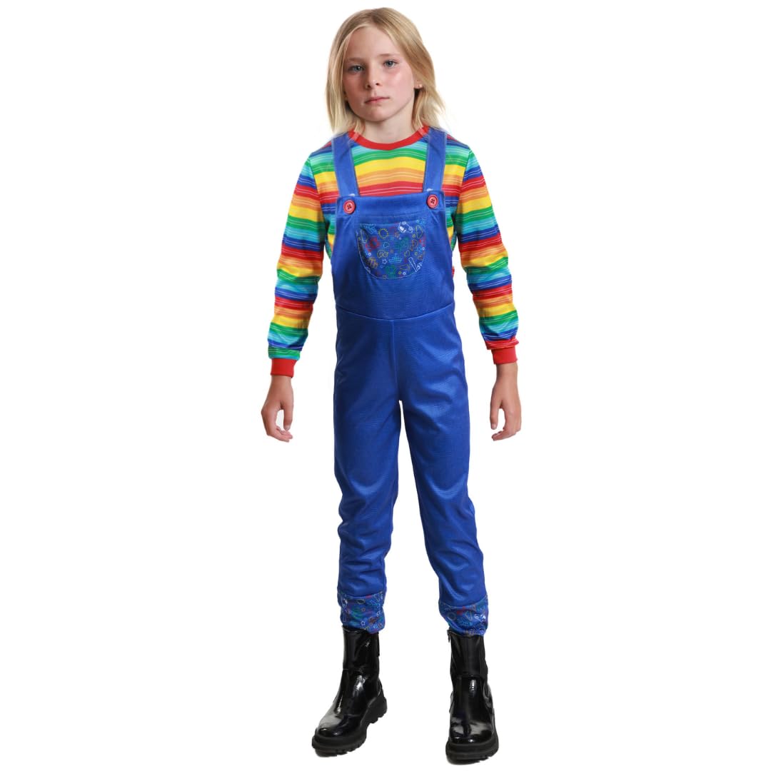 Chucky Boy Costume - Kids Killer Doll Inspired Outfit with Striped Shirt & Blue Overalls - Scary Halloween Costumes for Boys Fancy Dress (7-8 years)