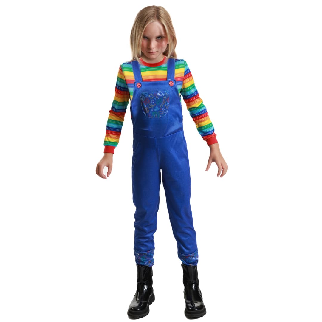 Chucky Boy Costume - Kids Killer Doll Inspired Outfit with Striped Shirt & Blue Overalls - Scary Halloween Costumes for Boys Fancy Dress (7-8 years)
