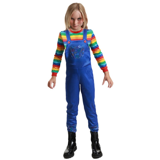 Chucky Boy Costume - Kids Killer Doll Inspired Outfit with Striped Shirt & Blue Overalls - Scary Halloween Costumes for Boys Fancy Dress (7-8 years)