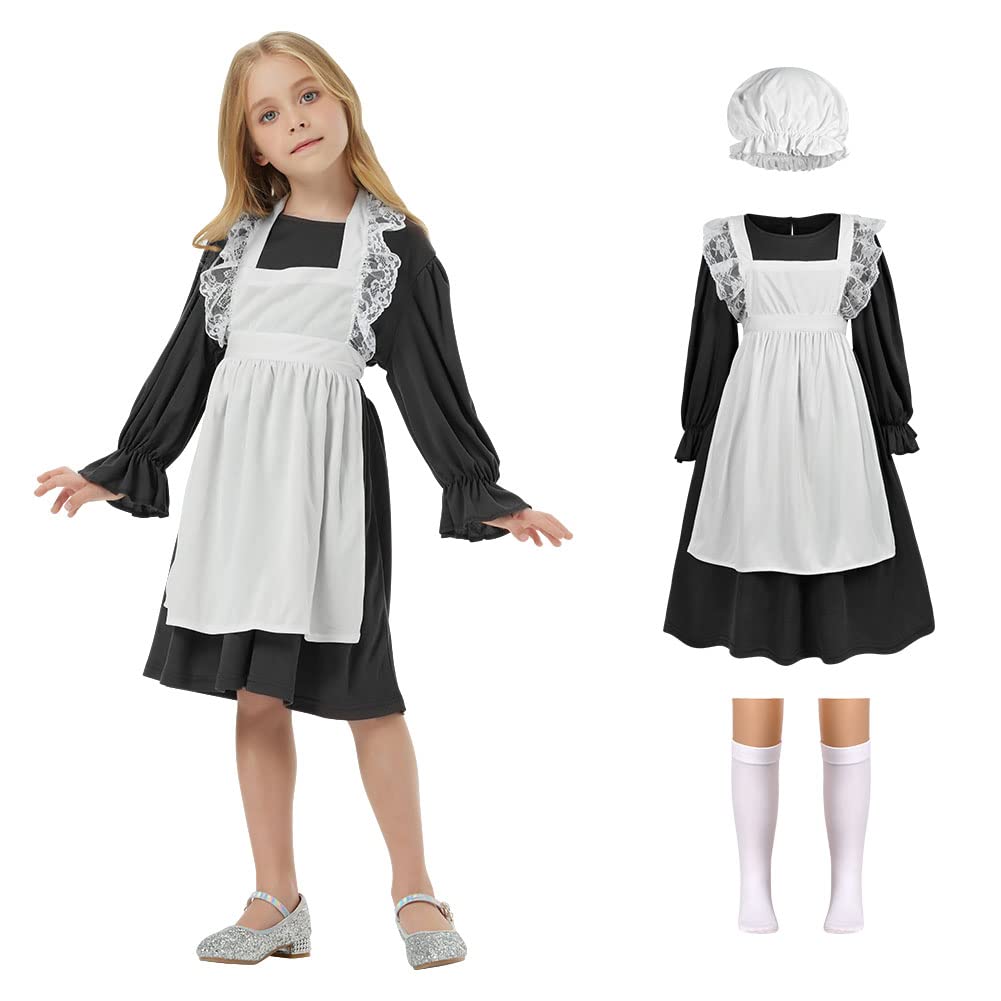 AOMIG Victorian Maid Costume for Girls, Village Medieval Dress with Mop Cap & White Socks, Kids Poor Girl Outfit Fancy Costumes Halloween Cosplay, World Book Day, Black, XL, C2-XL-Bl230324-FBA